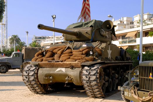 world war twotank sherman with sandbag