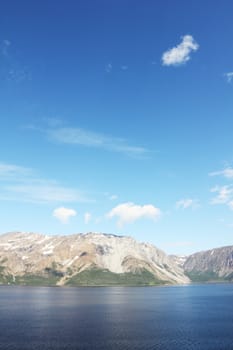 Scenic panorama of fjord and mountains in northern Norway