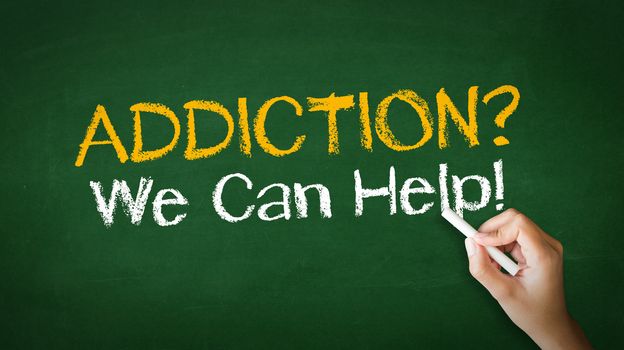 A person drawing and pointing at a Addiction We can Help Chalk Illustration