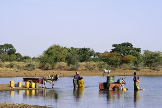 filling and transportation of water bottles at lake is for women to irrigate crops