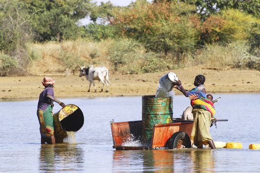 filling and transportation of water bottles at lake is for women to irrigate crops