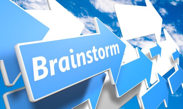 Brainstorm 3d render concept with blue and white arrows flying in a blue sky with clouds