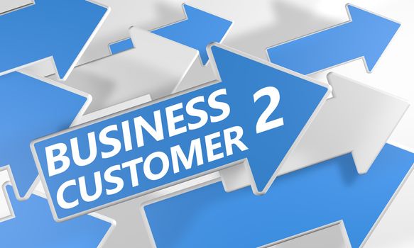Business 2 Customer 3d render concept with blue and white arrows flying over a white background.