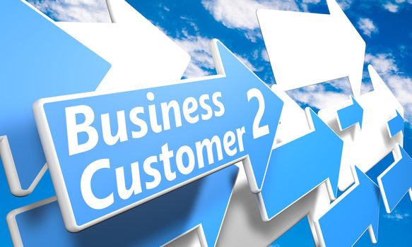 Business 2 Customer 3d render concept with blue and white arrows flying in a blue sky with clouds