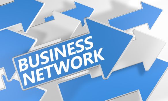 Business Network 3d render concept with blue and white arrows flying over a white background.