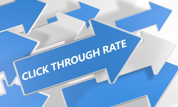 Click Through Rate 3d render concept with blue and white arrows flying over a white background.