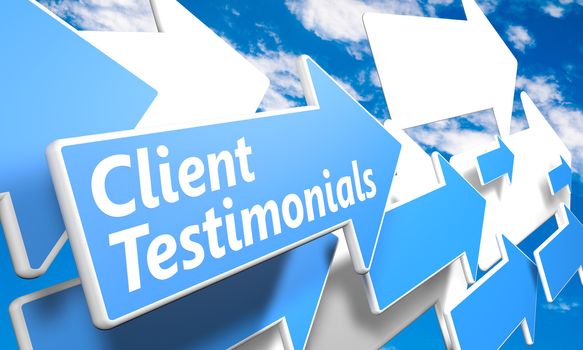 Client Testimonials 3d render concept with blue and white arrows flying in a blue sky with clouds
