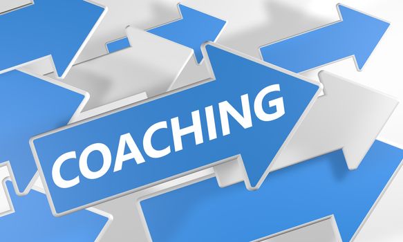 Coaching 3d render concept with blue and white arrows flying over a white background.