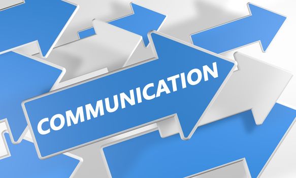 Communication 3d render concept with blue and white arrows flying over a white background.