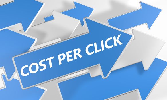 Cost per Click 3d render concept with blue and white arrows flying over a white background.