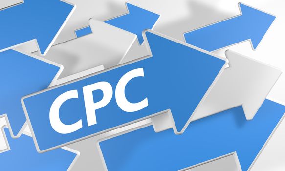 Cost per Click 3d render concept with blue and white arrows flying over a white background.