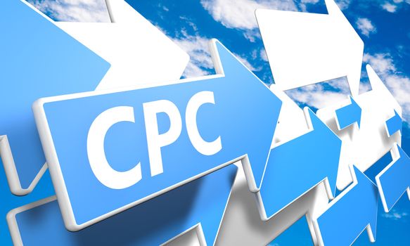 Cost per Click 3d render concept with blue and white arrows flying in a blue sky with clouds