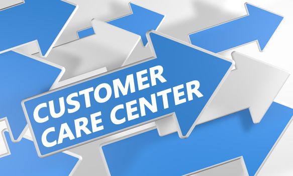 Customer Care Center 3d render concept with blue and white arrows flying over a white background.