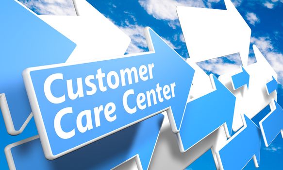 Customer Care Center 3d render concept with blue and white arrows flying in a blue sky with clouds