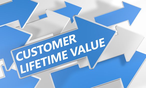 Customer Lifetime Value 3d render concept with blue and white arrows flying over a white background.