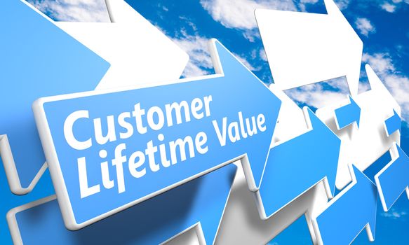 Customer Lifetime Value 3d render concept with blue and white arrows flying in a blue sky with clouds