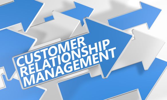 Customer Relationship Management 3d render concept with blue and white arrows flying over a white background.