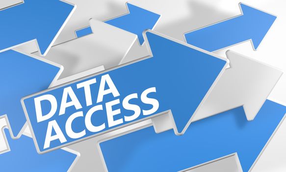 Data Access 3d render concept with blue and white arrows flying over a white background.