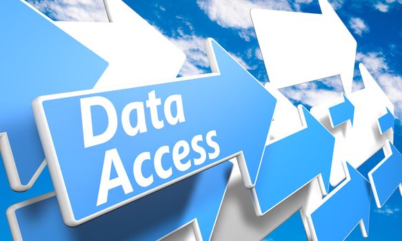 Data Access 3d render concept with blue and white arrows flying in a blue sky with clouds