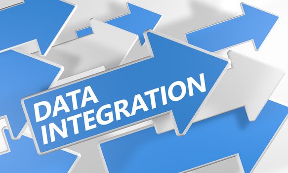Data Integration 3d render concept with blue and white arrows flying over a white background.