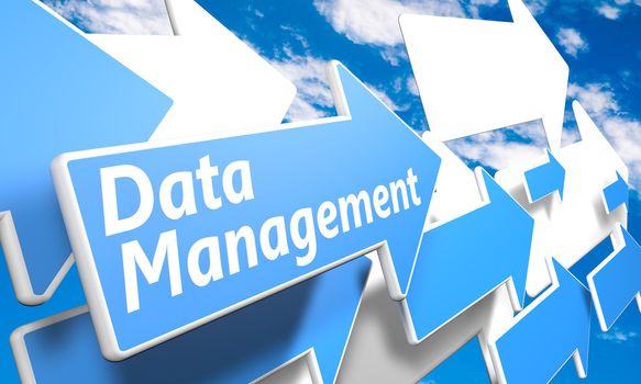 Data Management 3d render concept with blue and white arrows flying in a blue sky with clouds