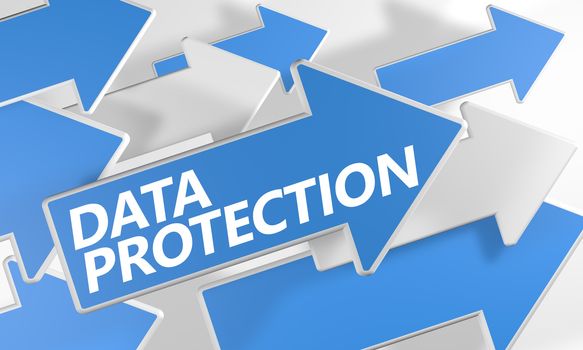 Data Protection 3d render concept with blue and white arrows flying over a white background.