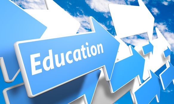 Education 3d render concept with blue and white arrows flying in a blue sky with clouds