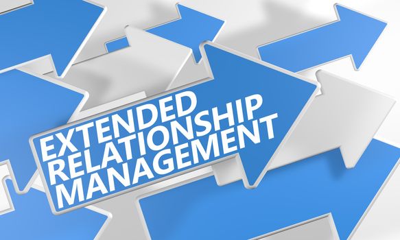 Extended Relationship Management 3d render concept with blue and white arrows flying over a white background.