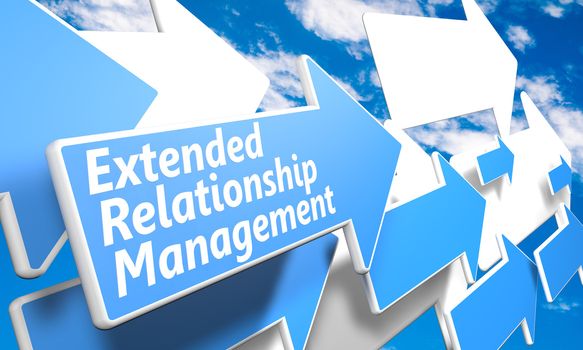 Extended Relationship Management 3d render concept with blue and white arrows flying in a blue sky with clouds