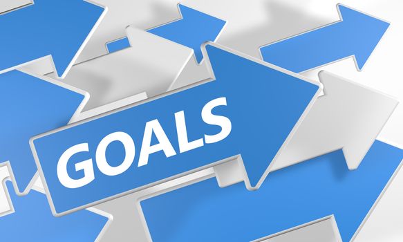 Goals 3d render concept with blue and white arrows flying over a white background.