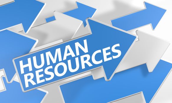Human Resources 3d render concept with blue and white arrows flying over a white background.