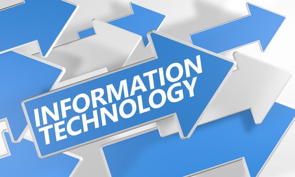 Information Technology 3d render concept with blue and white arrows flying over a white background.
