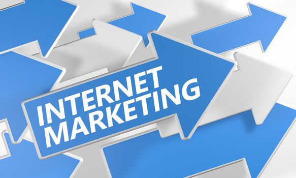 Internet Marketing 3d render concept with blue and white arrows flying over a white background.