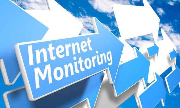 Internet Monitoring 3d render concept with blue and white arrows flying in a blue sky with clouds