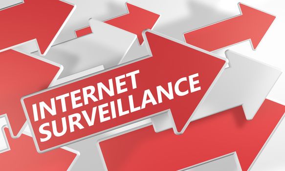 Internet surveillance 3d render concept with red and white arrows flying over a white background.