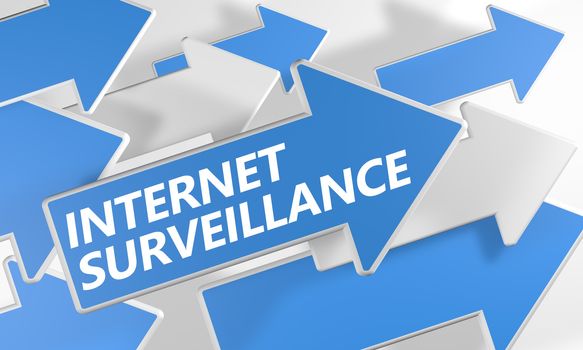 Internet surveillance 3d render concept with blue and white arrows flying over a white background.