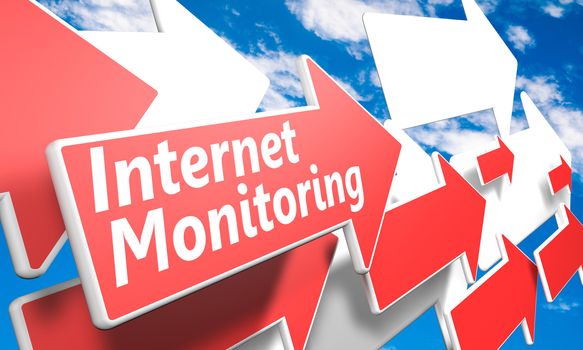 Internet Monitoring 3d render concept with red and white arrows flying in a blue sky with clouds