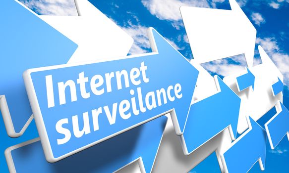 Internet surveillance 3d render concept with blue and white arrows flying in a blue sky with clouds