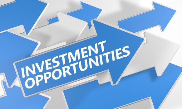 Investment opportunities 3d render concept with blue and white arrows flying over a white background.