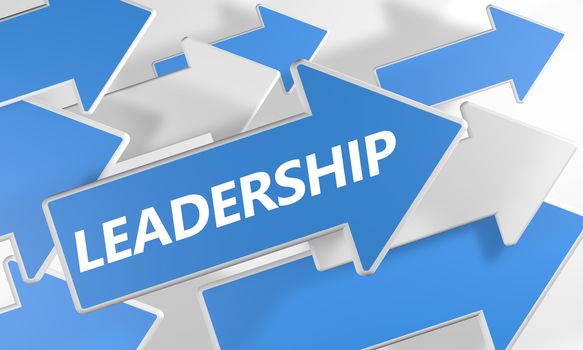 Leadership 3d render concept with blue and white arrows flying over a white background.