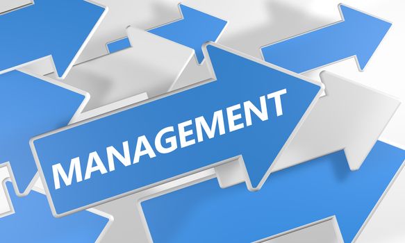 Management 3d render concept with blue and white arrows flying over a white background.