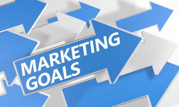 Marketing Goals 3d render concept with blue and white arrows flying over a white background.