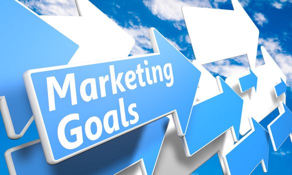 Marketing Goals 3d render concept with blue and white arrows flying in a blue sky with clouds