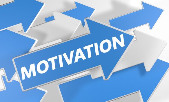 Motivation 3d render concept with blue and white arrows flying over a white background.