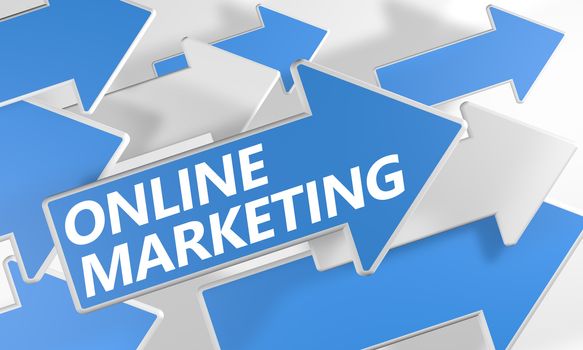 Online Marketing 3d render concept with blue and white arrows flying over a white background.