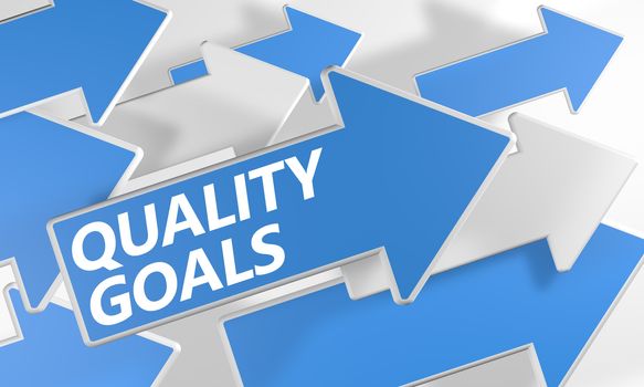 Quality Goals 3d render concept with blue and white arrows flying over a white background.