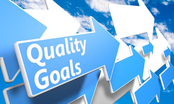 Quality Goals 3d render concept with blue and white arrows flying in a blue sky with clouds