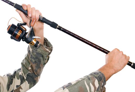 Hands holding a fishing rod for carp infected isolated on white background