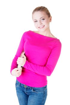 Young woman student with book. Isolated on white.