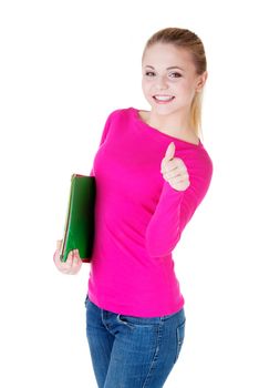 young casual woman student showin OK gesture. Isolated on white.